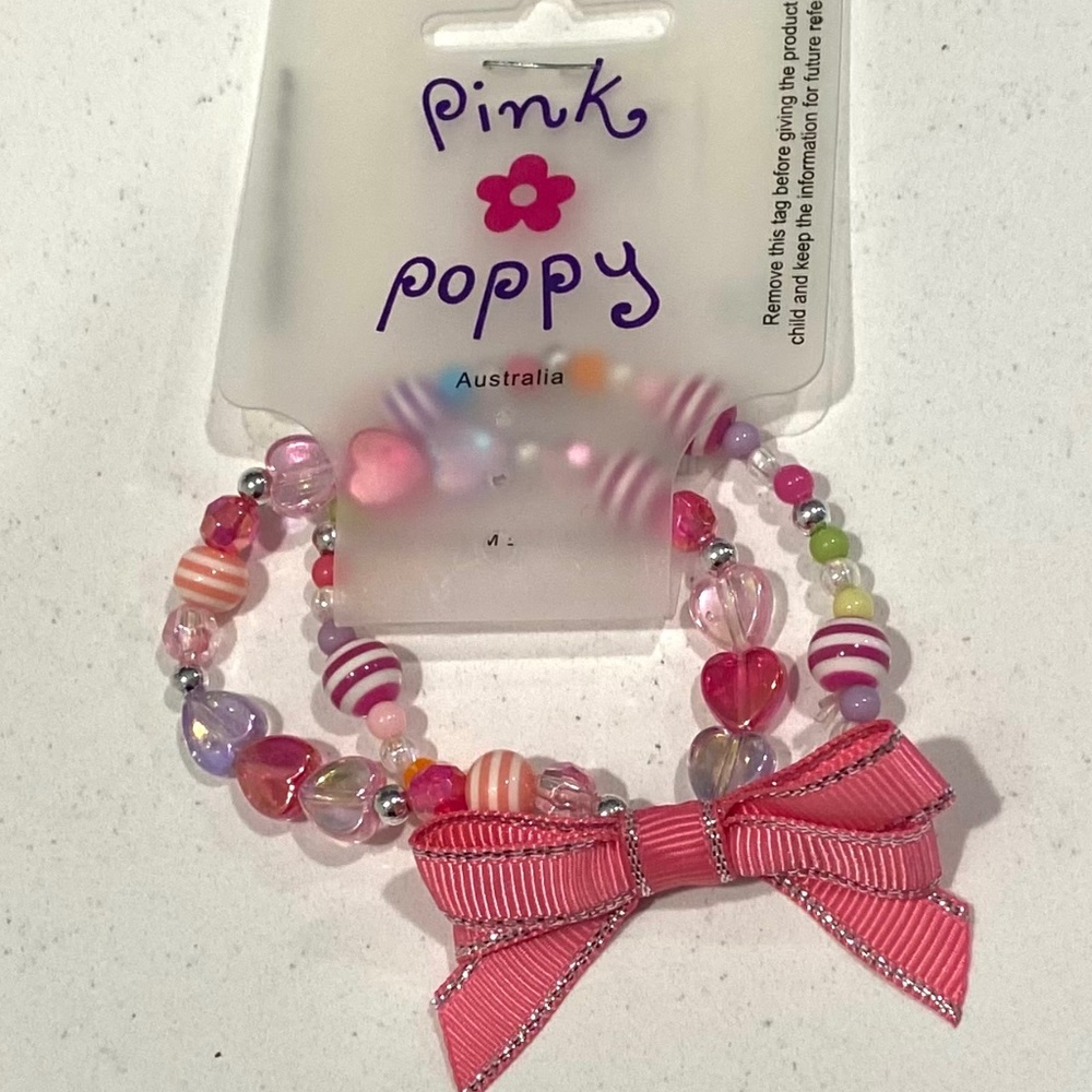 NWT! Pink Poppy Bracelet, Double Bead Strands with Bow